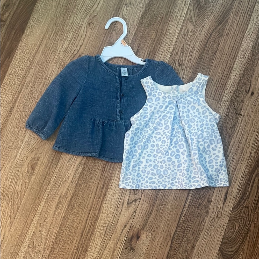 Gap Washed Blue Button-Up Shirt and White Leopard Print Dress size 9-12 months.